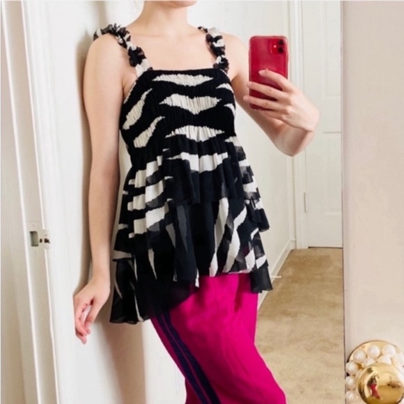 Tory Burch Lucia Black/White Zebra Stripes Straps Tunic  Top SZ 4 - Picture 1 of 7